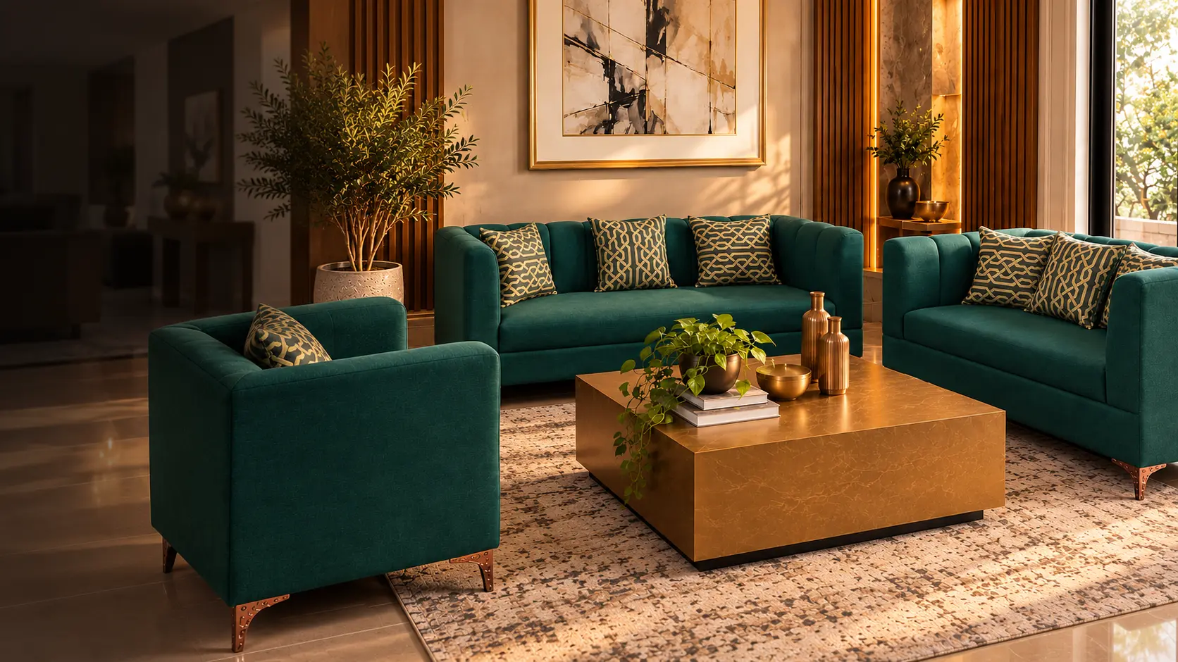 Sala contemporánea con sofás en tono verde esmeralda, cojines dorados y mesa de centro dorada